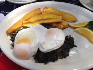 Eggs and callaloo with plaintain