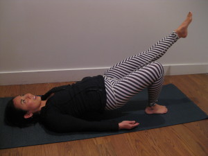 SIngle leg bridge with extended leg, keep the hips and thighs in the same alignment throughout the movement