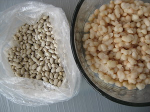 dry white beans before soaking and cooking then ready to eat after with just a little work  